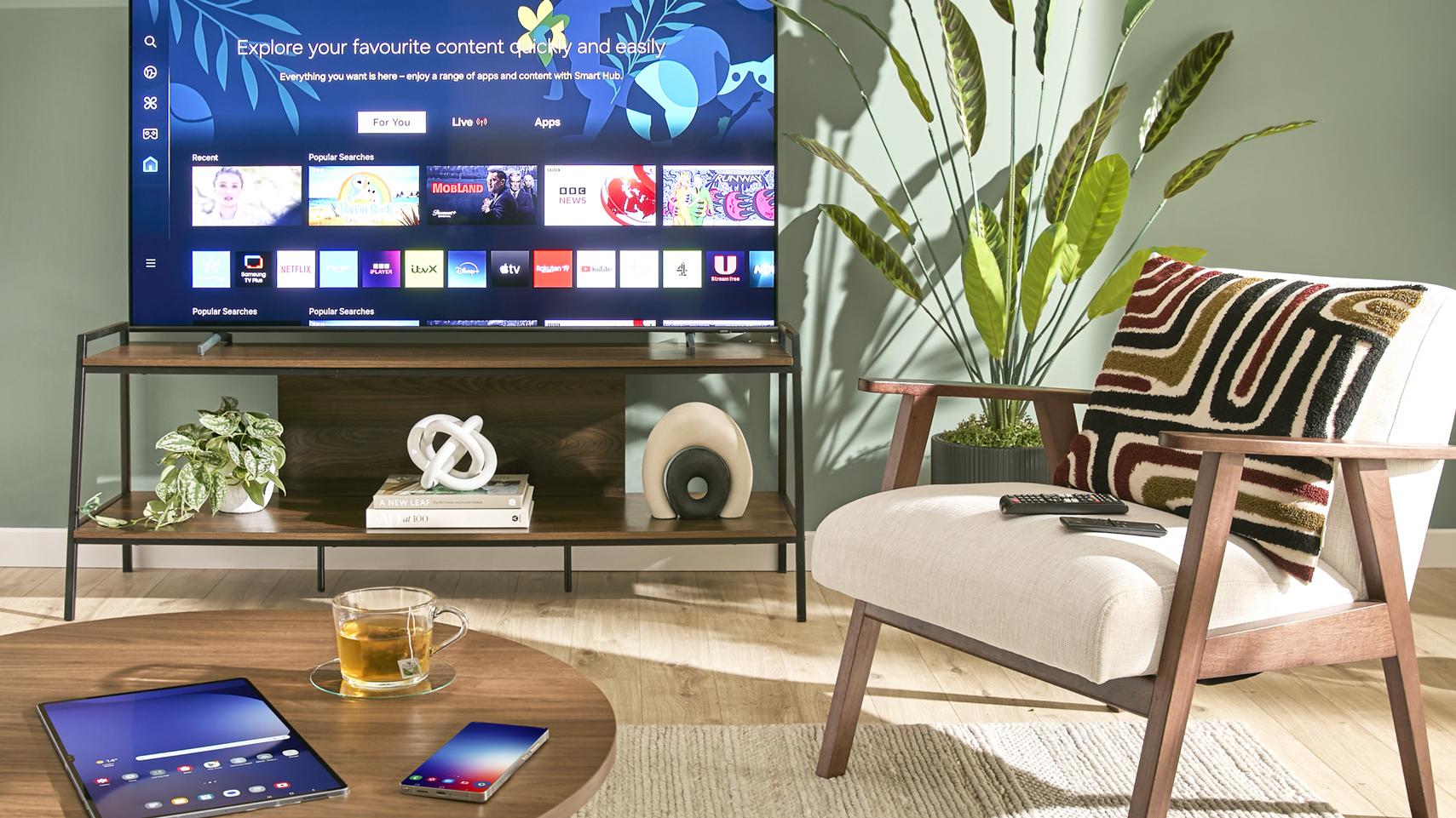 Image of a Television Tablet and Mobile Phone in a Living Room