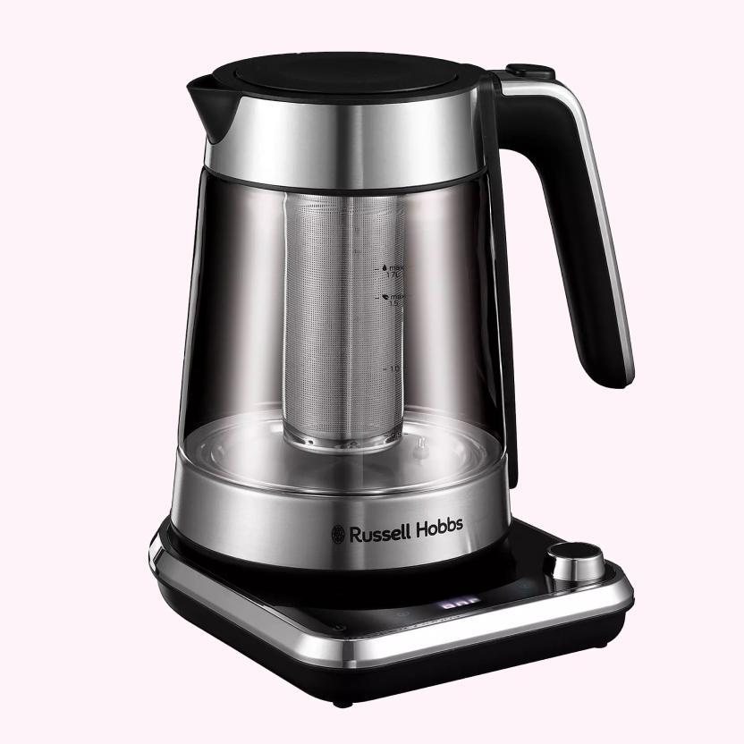 Close-up of Russell Hobbs Attentiv Variable Temperature Kettle in silver and black