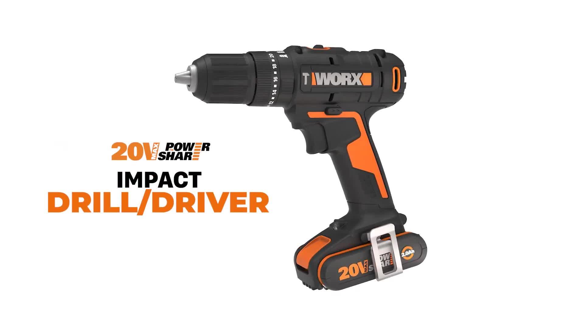 Worx WX370 20V Cordless Hammer Drill with Built in Light and 2