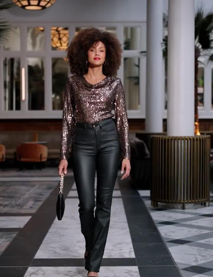 Image thumbnail 6 of 6 of Sosandar Drape Neck Sequin Top - Brown
