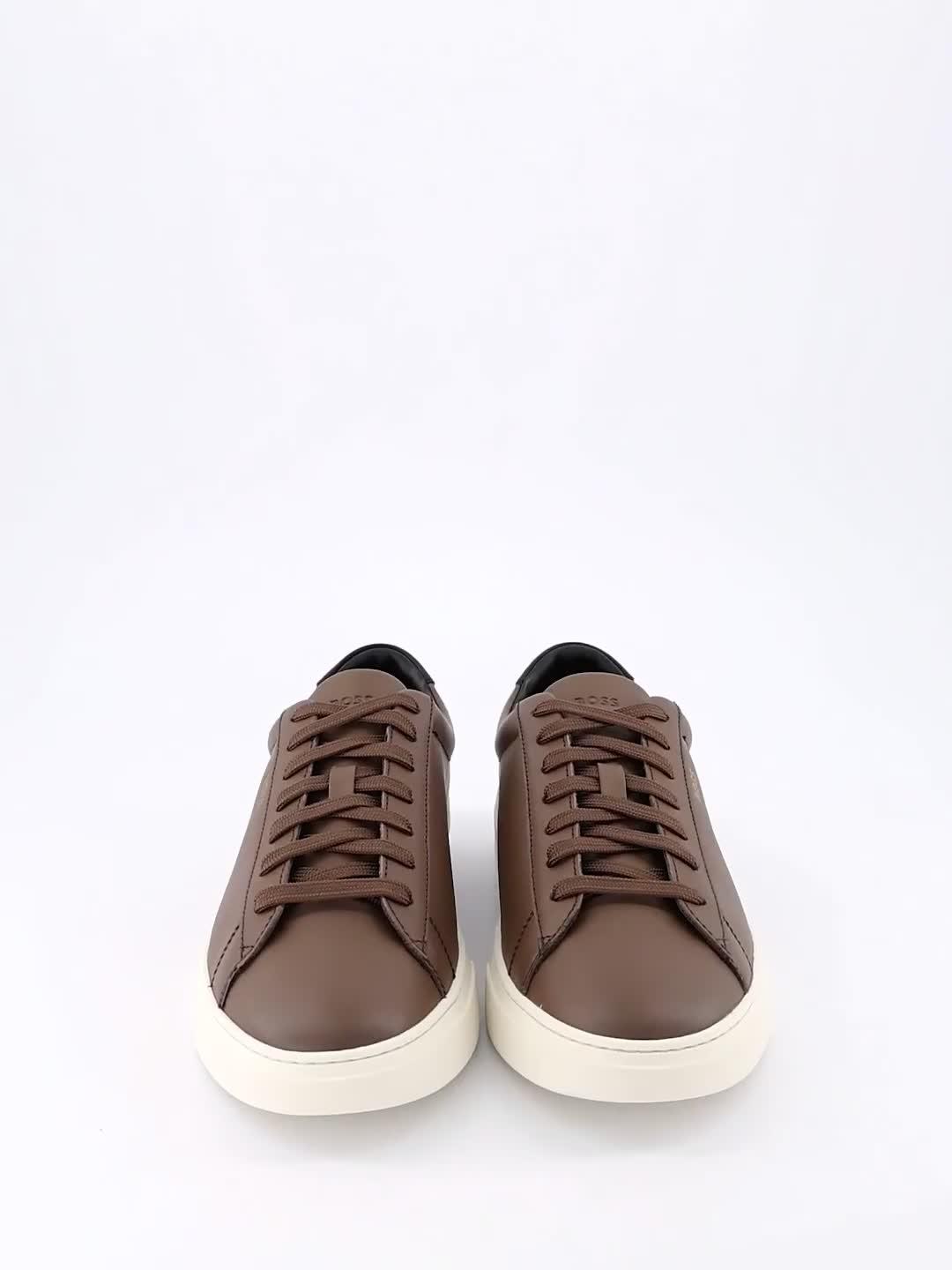 BOSS Kieran Gold Logo Leather Lace Sneakers Brown Very