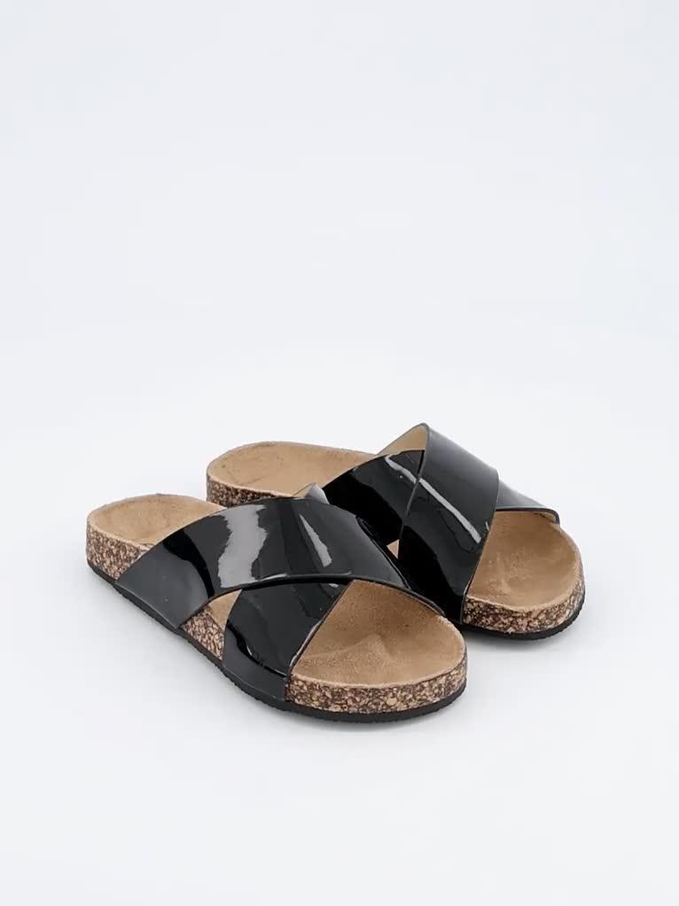 The Very Collection Patent Cross Over Corkbed Sliders Black Very
