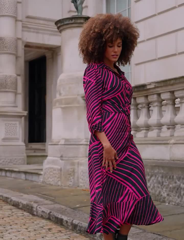 Sosandar Pink & Black Geometric Print Belted Midi Dress - Pink/Black | Very