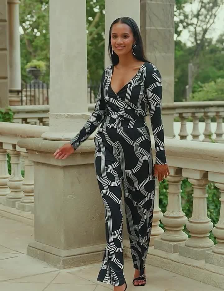 Image thumbnail 6 of 6 of Sosandar Black Geometric Print Wrap Front Wide Leg Jumpsuit With Pockets