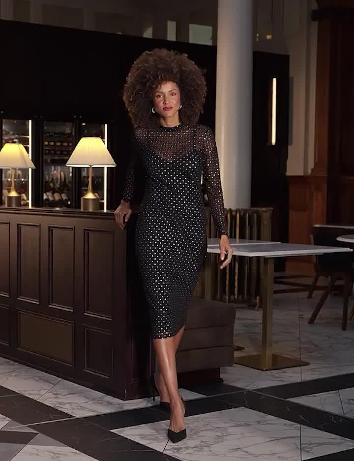 Image thumbnail 6 of 6 of Sosandar Sparkle Mesh High Neck Midi Dress - Black