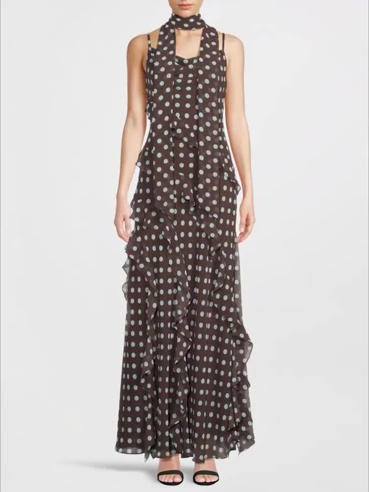 Image thumbnail 8 of 8 of The Very Collection Spot Ruched Mesh Midi Dress - Brown