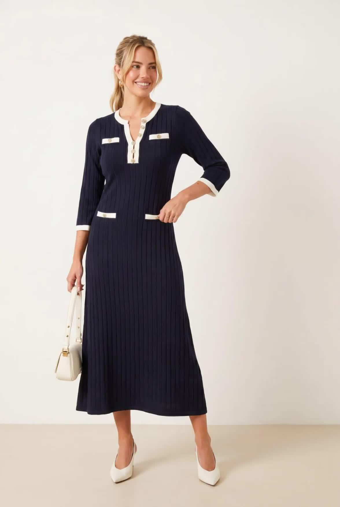 Image thumbnail 5 of 5 of Style Cheat Contrast Ribbed Knit Midi Dress - Navy